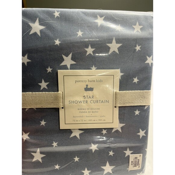 New Pottery Barn Blue w Gray Undertone Star Shower Curtain 100% Cotton - Picture 1 of 9
